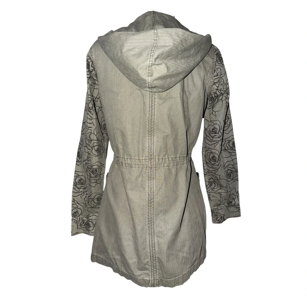 LuLaRoe Women Olive Green Rose Floral Sleeve Utility Jacket Hooded Draped S A4